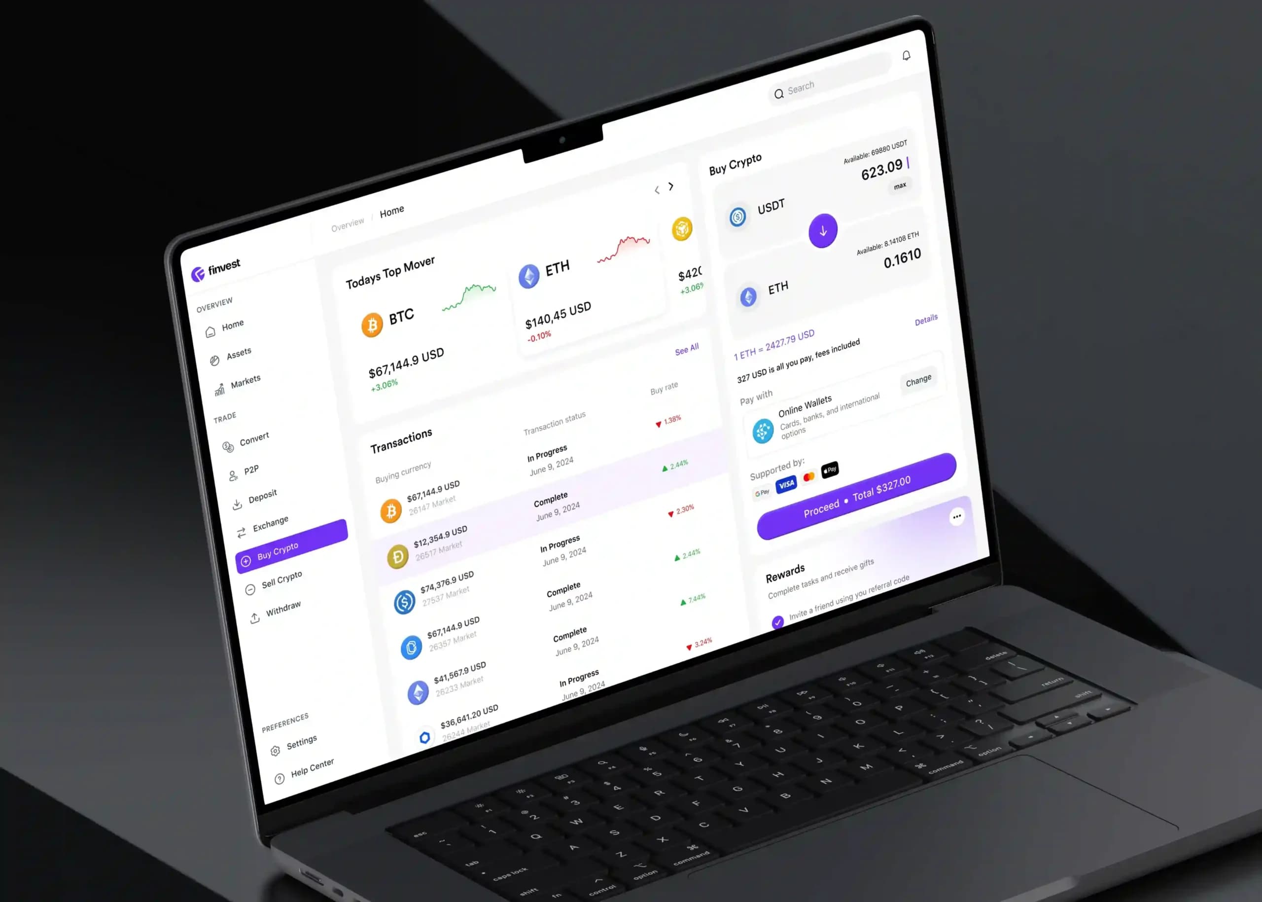 Cryptocurrency trading dashboard displayed on a laptop showing Bitcoin and Ethereum prices, transactions, market data, and crypto purchase options.