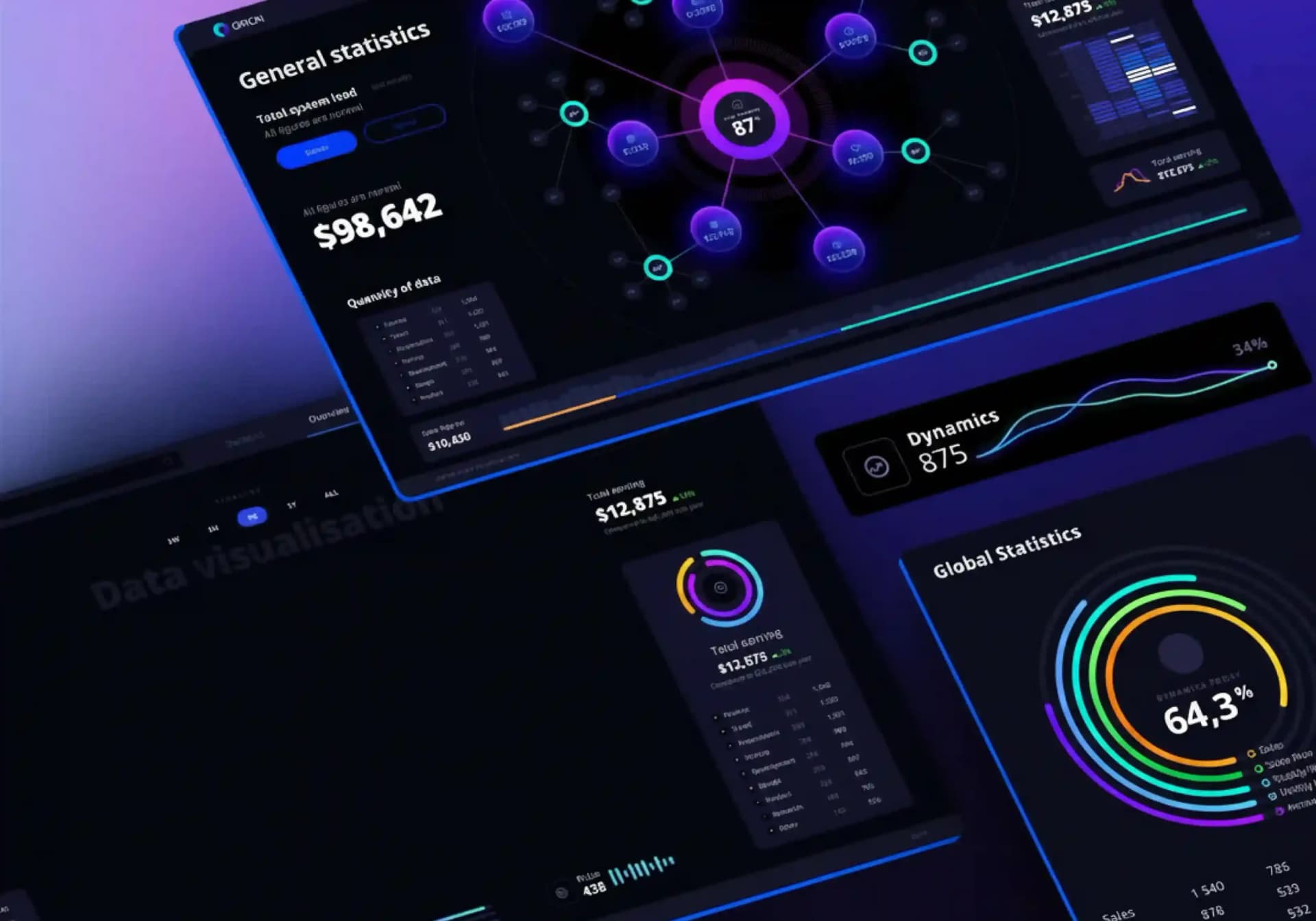 Dark-themed analytics dashboard with interactive charts, graphs, and data visualizations.