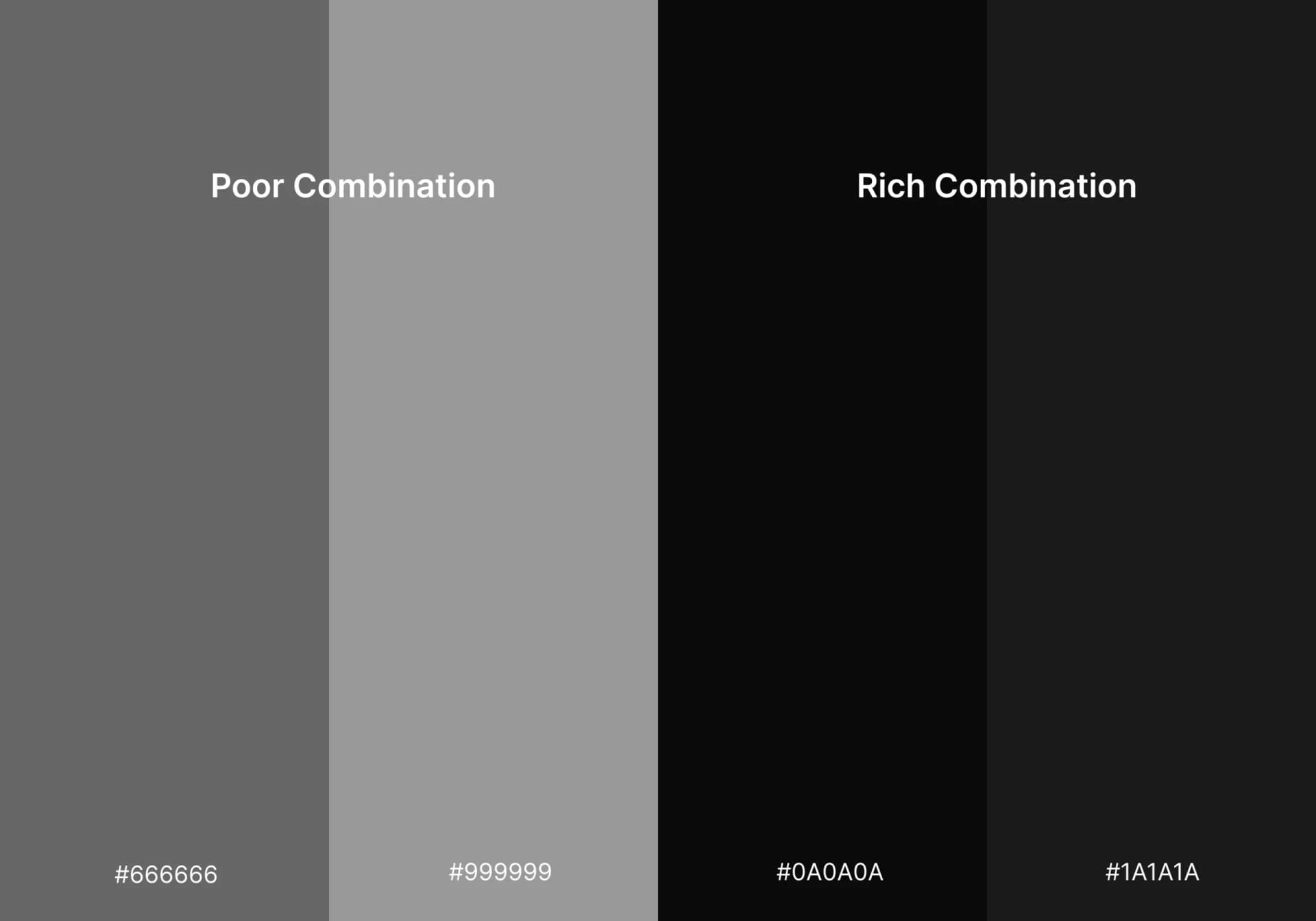Comparison of grayscale color combinations showing low-contrast versus rich dark mode backgrounds with hex color values.