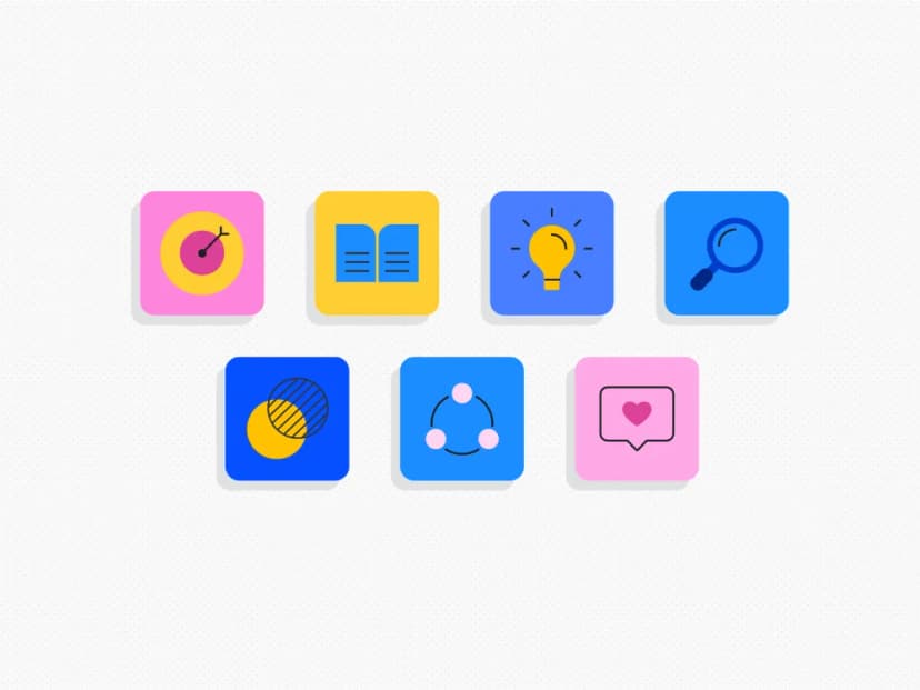 A collection of seven minimalist, flat-design icons with rounded corners arranged in two rows against a light grey, dotted background. The colorful icons feature simple shapes representing business, educational, or creative concepts.