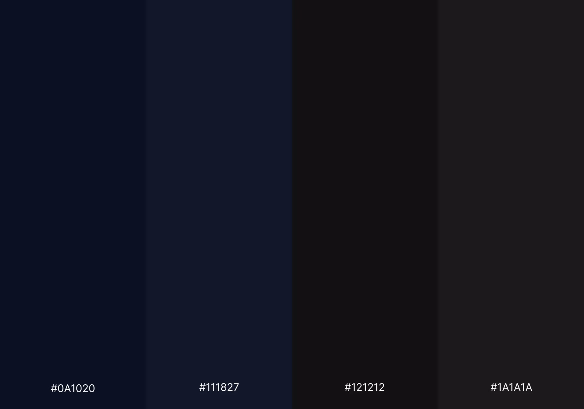 A color palette featuring four dark swatches ranging from deep navy to off-black with hex codes.