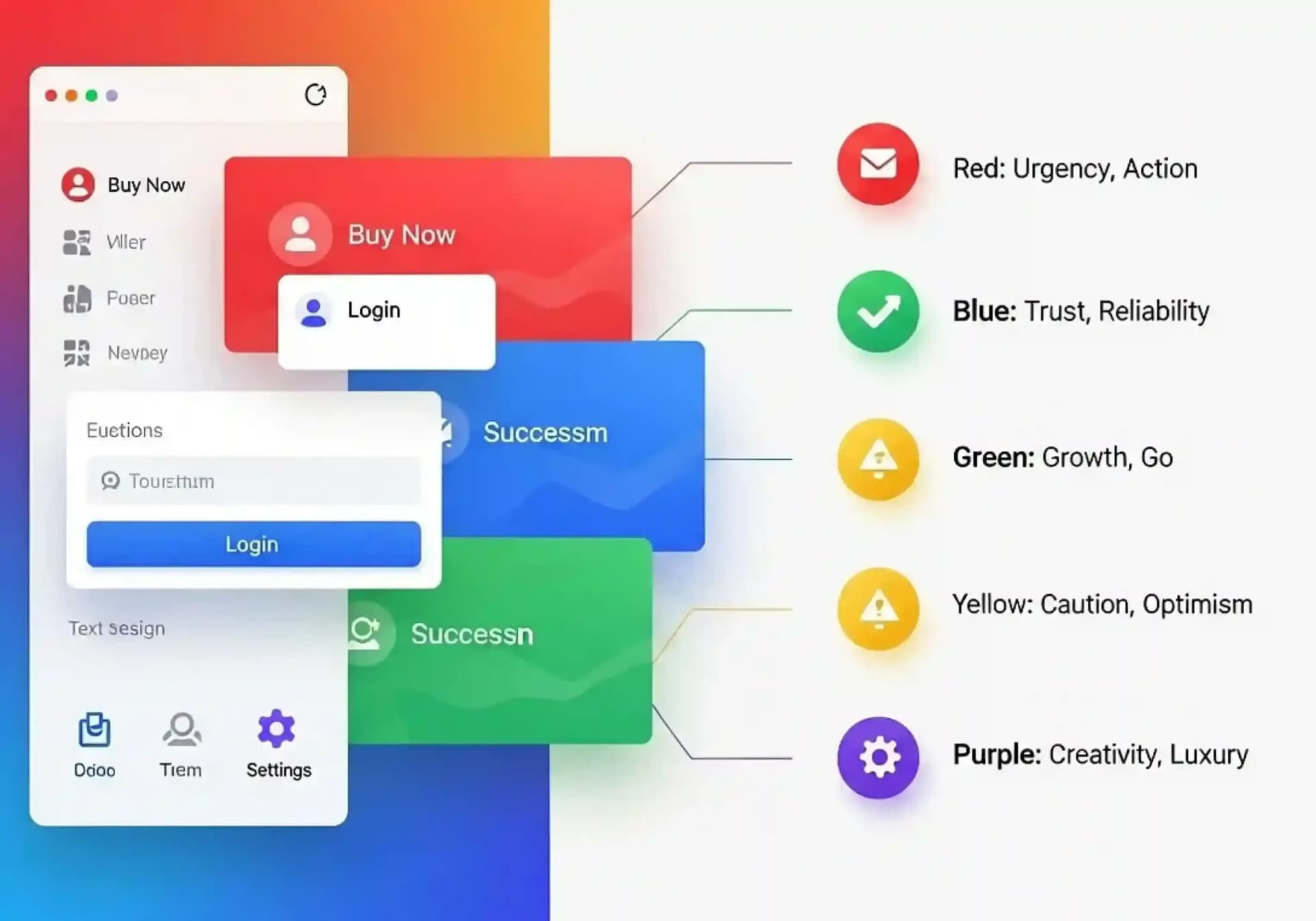 Illustration showing UI colour psychology with interface components and the meanings of red, blue, green, yellow, and purple in digital design.