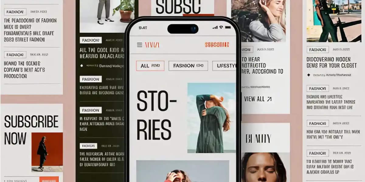 A digital mockup displaying a mobile app interface centered on a smartphone screen, surrounded by various editorial blog cards and layout elements on a muted peach background. The smartphone features a clean, minimalist fashion blog UI with the bold text "STORIES" and category navigation tabs like "FASHION." The surrounding cards feature high-contrast typography, placeholder text blocks, and stylized portrait photography with an editorial aesthetic.