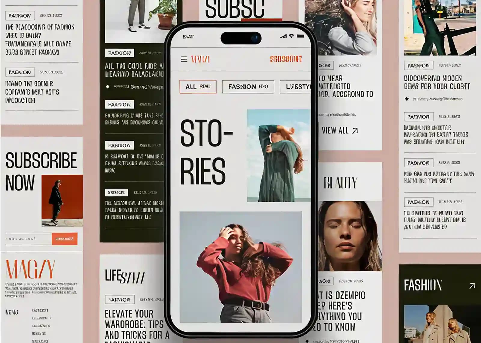 Mobile fashion magazine interface displayed with editorial article layouts and modern minimalist design.