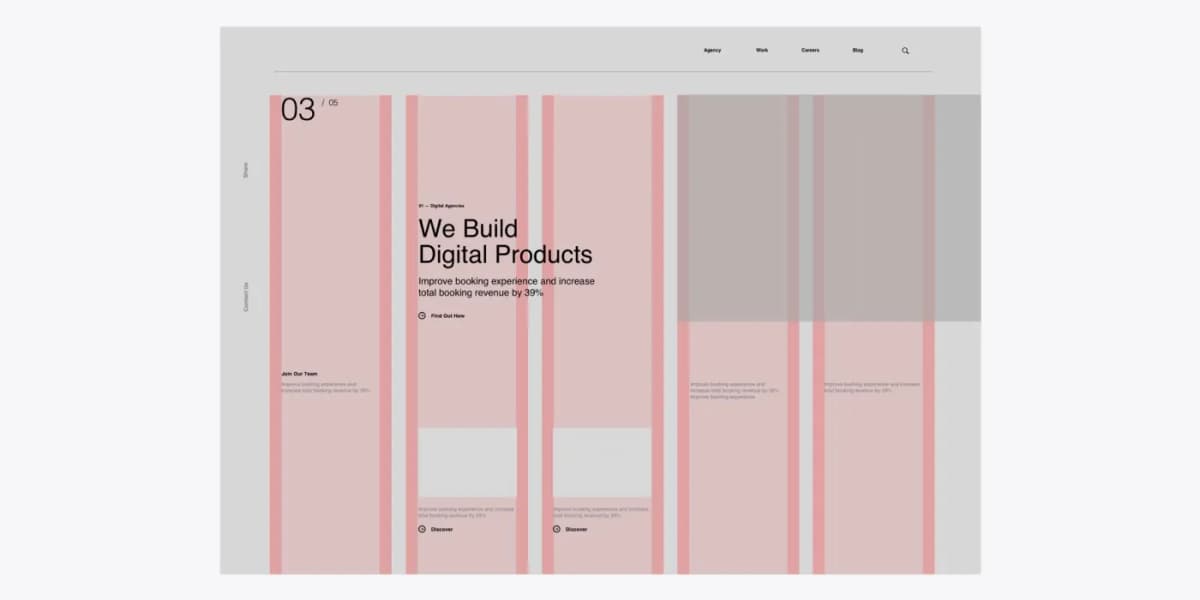 A minimalist website user interface design mockup showing an editorial layout with a prominent pink columns layout grid overlay. It features the headline "We Build Digital Products," clean typography, generous whitespace, and a top navigation menu.