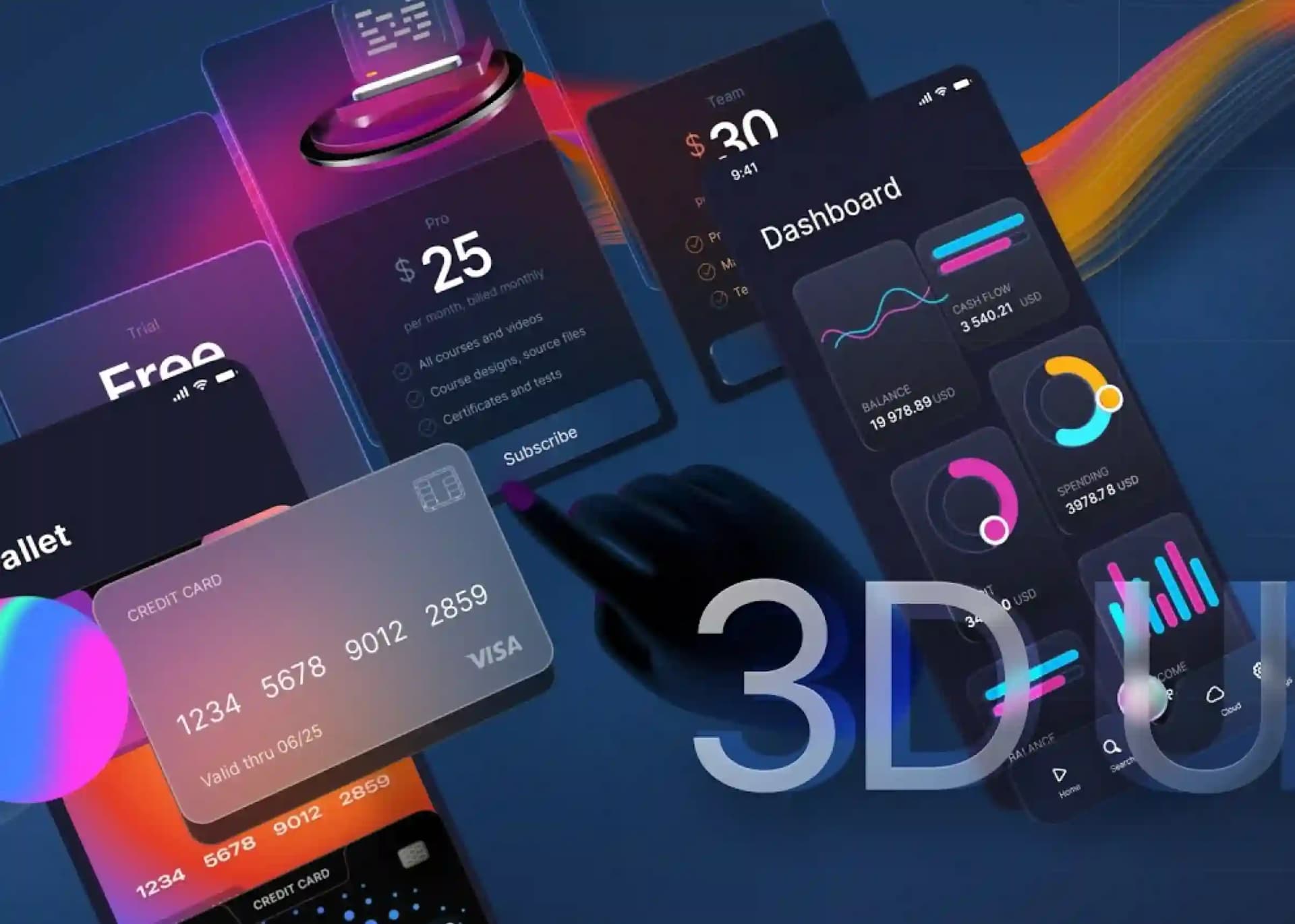 A modern 3D fintech interface featuring mobile banking dashboards, financial analytics, digital payment screens, colorful data visualizations, and credit cards arranged against a dark blue background.