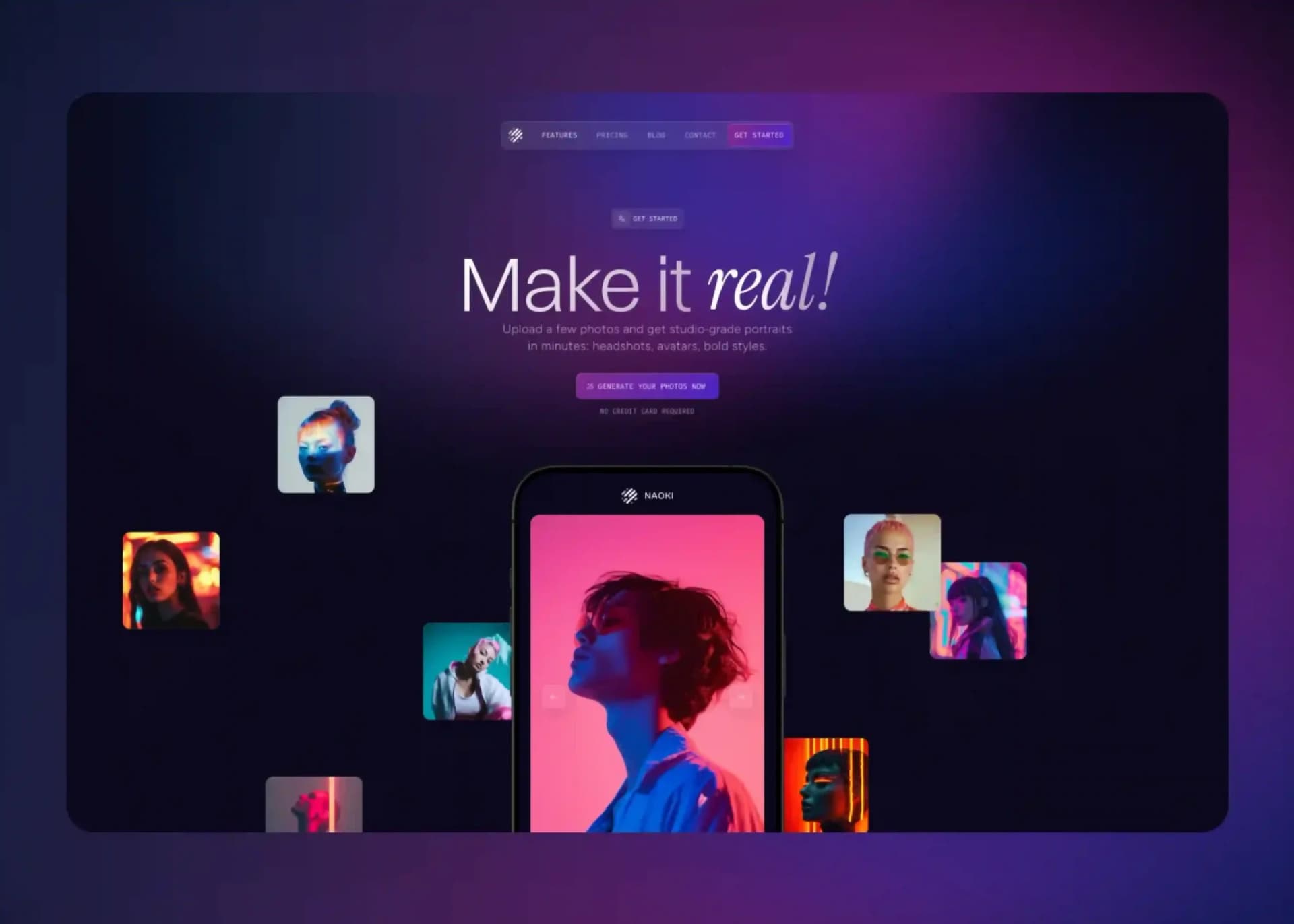 Dark mode landing page with neon gradients, mobile mockup, and floating portrait cards.