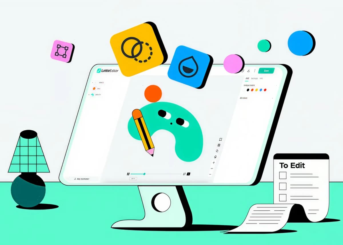 A stylized 2D illustration of a computer monitor displaying a graphic design editor with a green, character-like shape being drawn by a pencil, surrounded by floating tool icons.