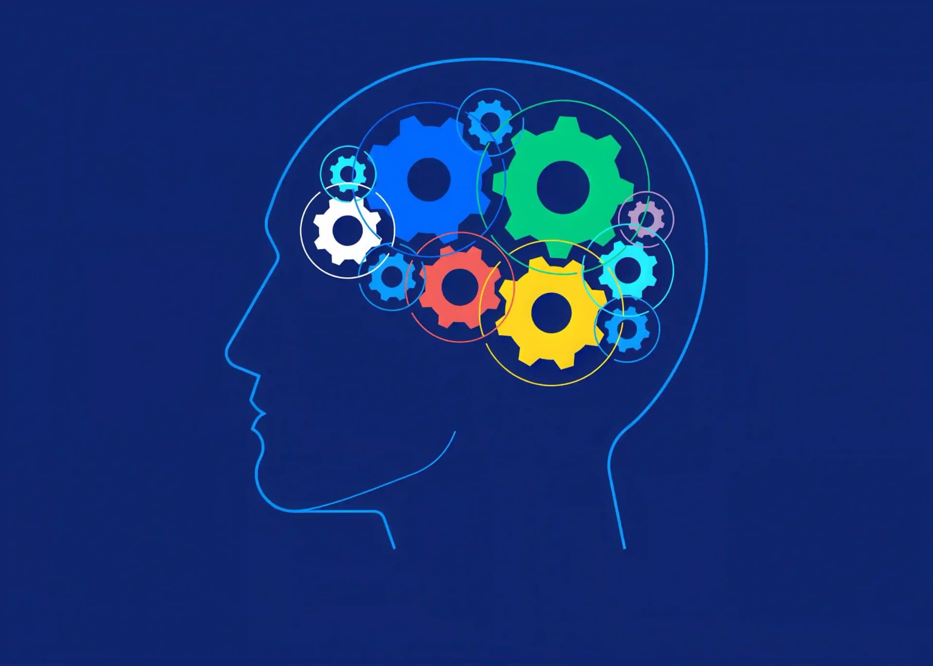 Blue outline of a human head side profile with colorful gears turning inside the brain.