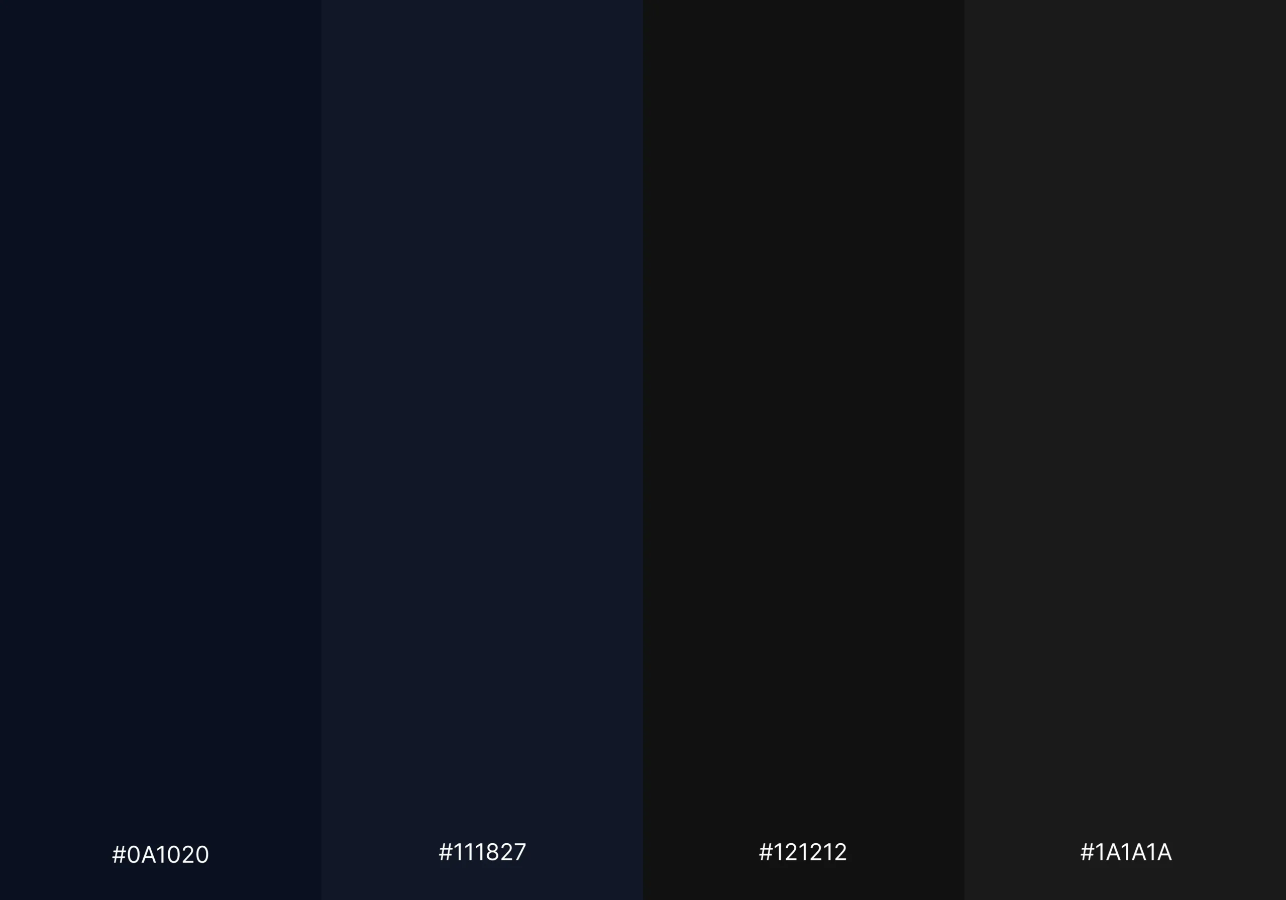 A color palette featuring four dark swatches ranging from deep navy to off-black with hex codes.