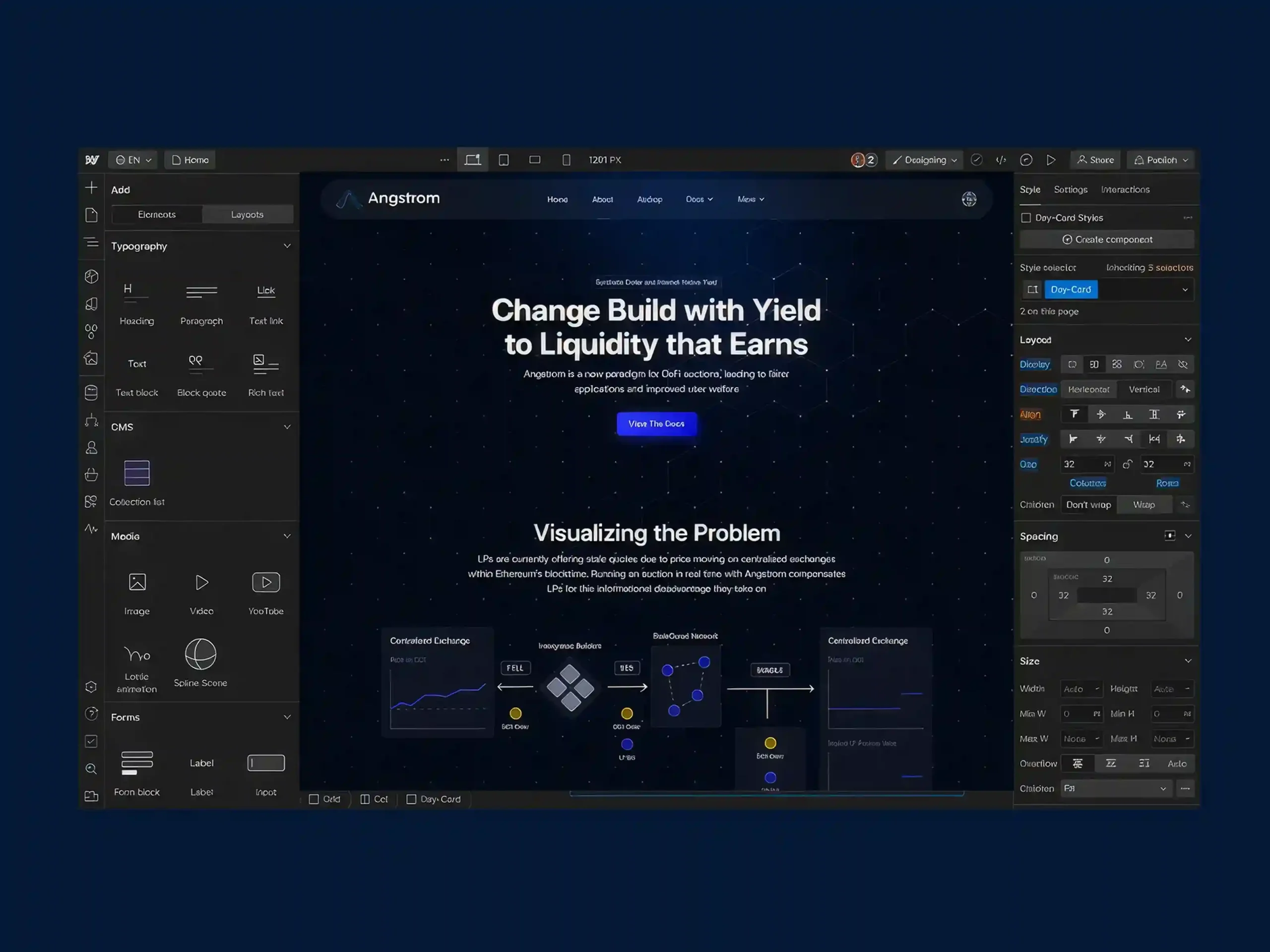 A dark-themed web design interface inside a website builder editor. The canvas displays the homepage mockup for "Angstrom," featuring bold typography, a blue "View The Docs" button, and a data visualization diagram at the bottom.