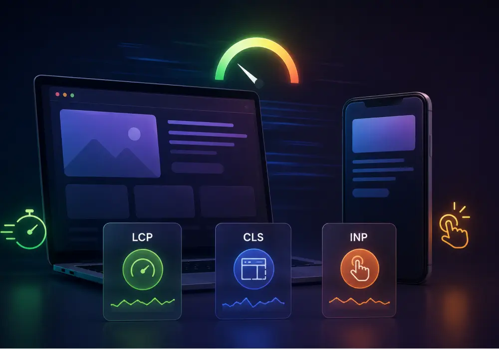 A laptop and smartphone displaying web interface mockups, with glassmorphism cards in the foreground showing Core Web Vitals metrics: LCP, CLS, and INP.