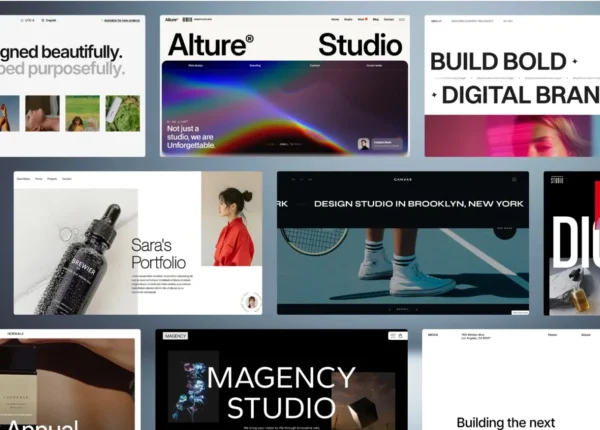 A showcase grid displaying multiple modern agency website design layouts. The UI mockups feature minimalist editorial design principles, prominent bold typography headers like "Alture Studio" and "Build Bold," elegant whitespace, and striking product and lifestyle photography blocks.