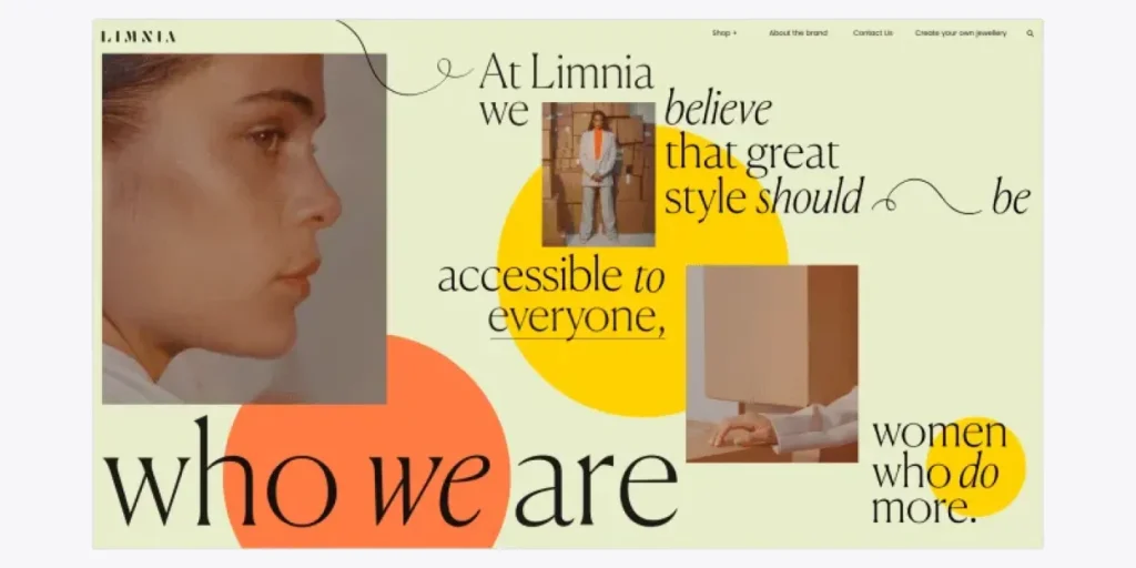 Creative fashion website layout featuring oversized editorial typography, overlapping portraits, abstract shapes, and layered imagery arranged in an asymmetrical grid design.