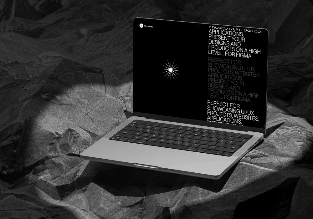 Laptop displaying a sleek luxury dark-mode website interface against a dramatic textured stone background.