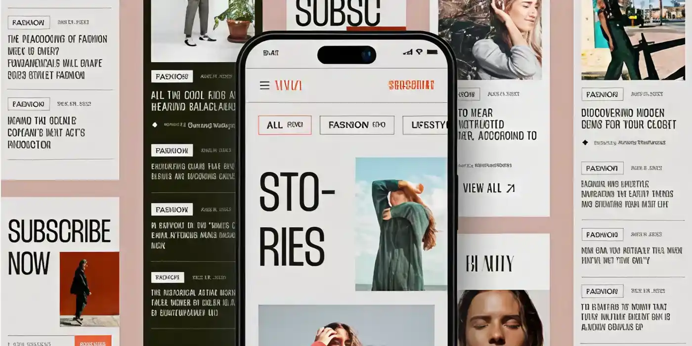 A digital mockup displaying a mobile app interface centered on a smartphone screen, surrounded by various editorial blog cards and layout elements on a muted peach background. The smartphone features a clean, minimalist fashion blog UI with the bold text "STORIES" and category navigation tabs like "FASHION." The surrounding cards feature high-contrast typography, placeholder text blocks, and stylized portrait photography with an editorial aesthetic.