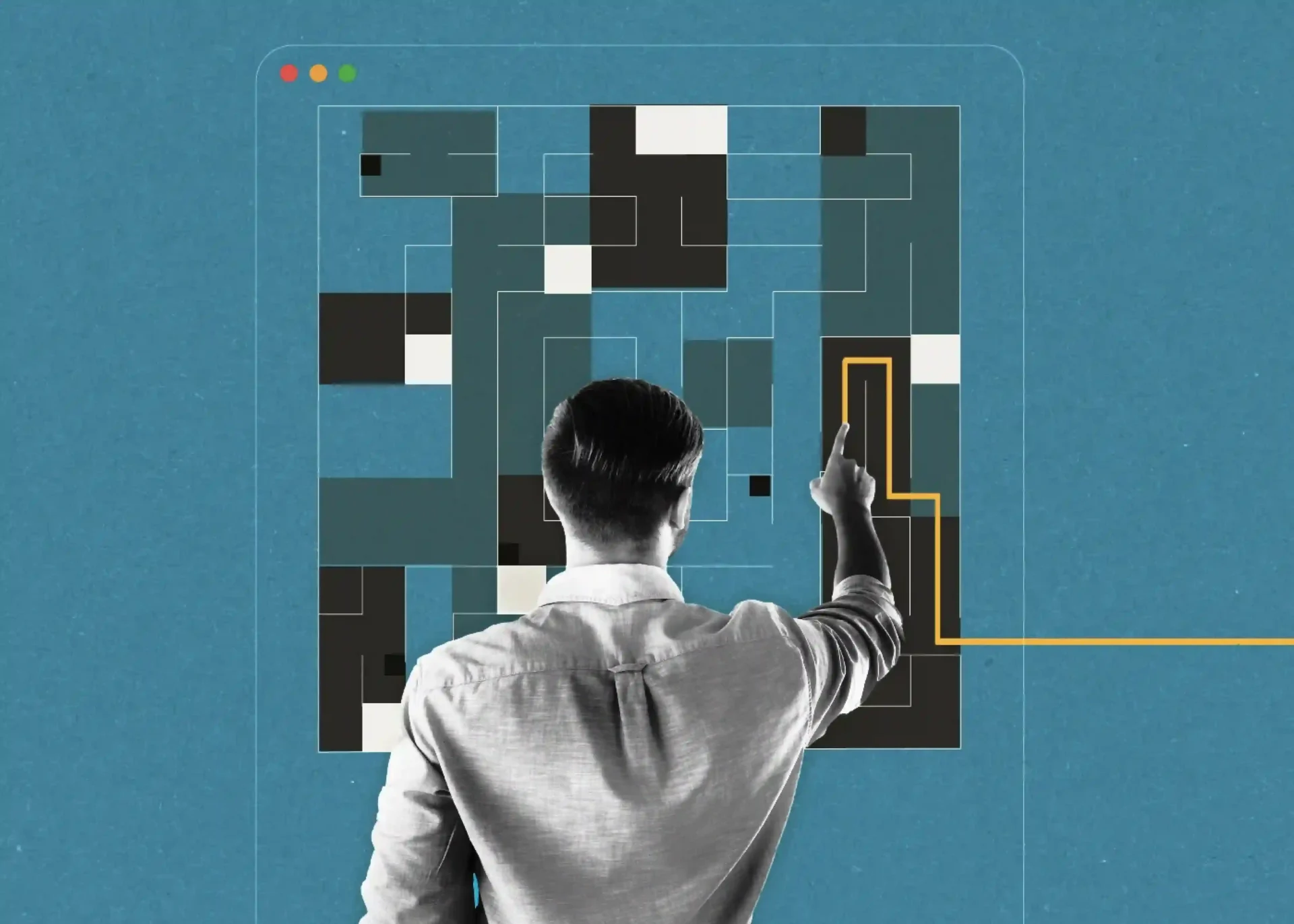 Person interacting with a visual UI layout and highlighted user journey path.