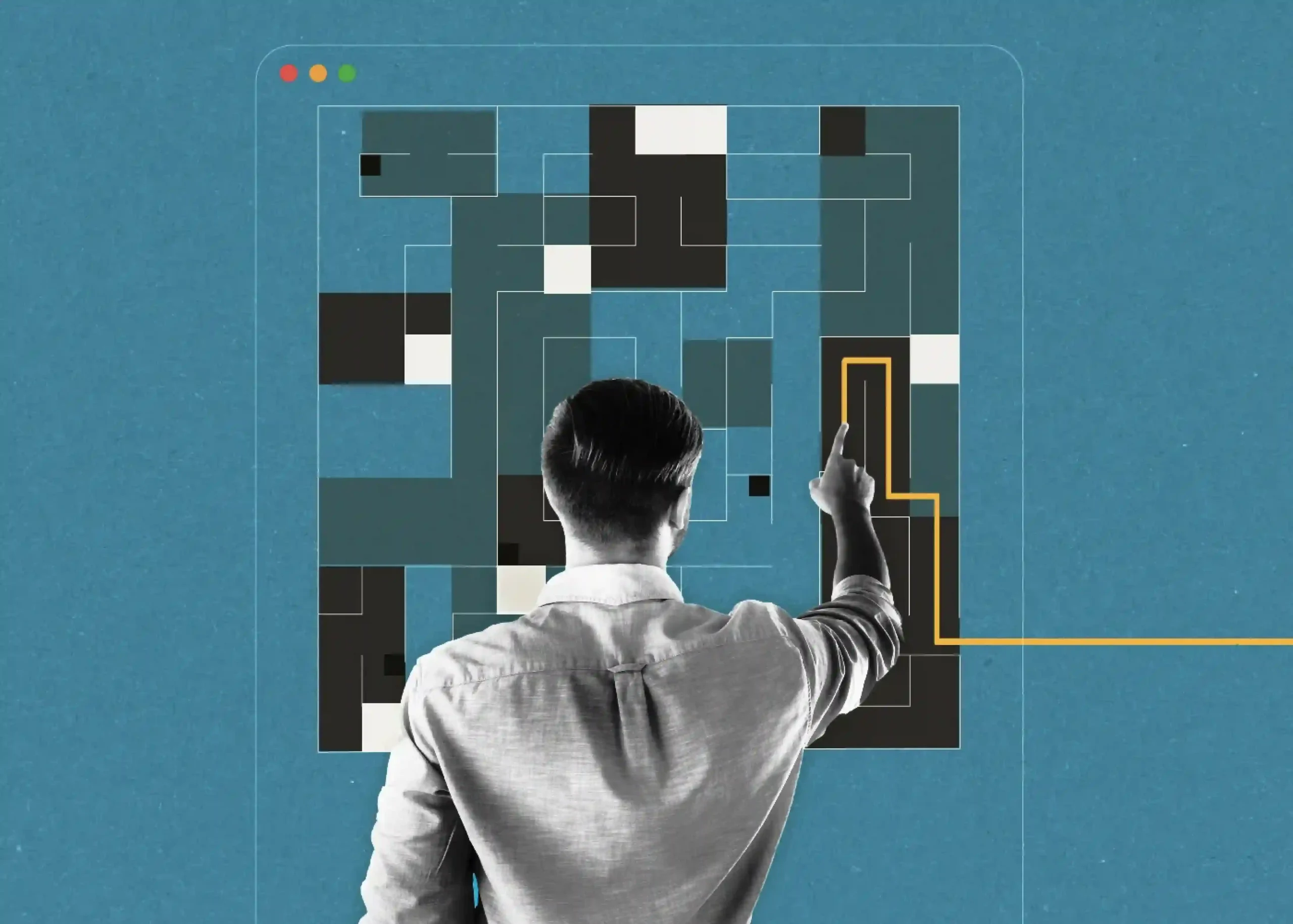 Person interacting with a visual UI layout and highlighted user journey path.