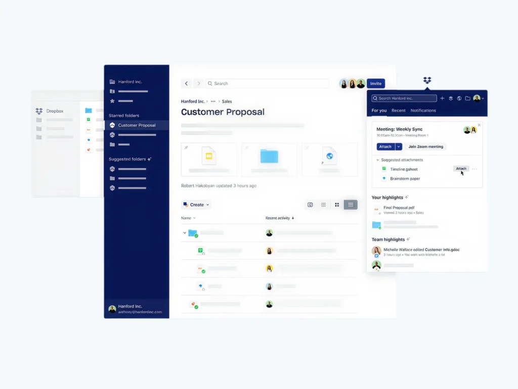User interface mockup of a Dropbox workspace. The central window shows a folder layout with cloud documents and recent file activity under "Customer Proposal," flanked by a dark blue navigation sidebar on the left and an active Zoom meeting collaboration panel on the right.