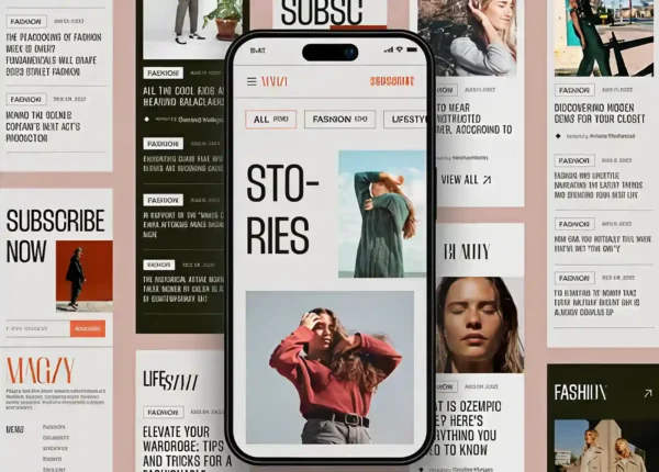 Mobile fashion magazine interface displayed with editorial article layouts and modern minimalist design.