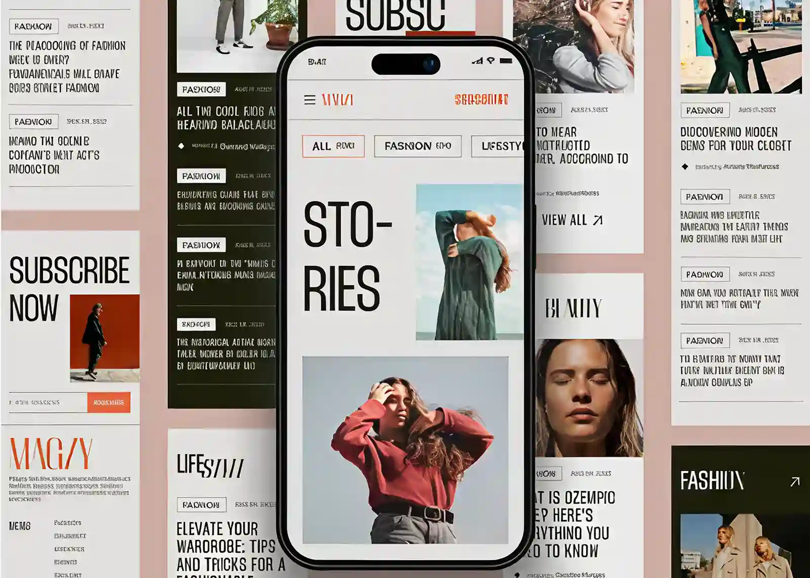 Mobile fashion magazine interface displayed with editorial article layouts and modern minimalist design.