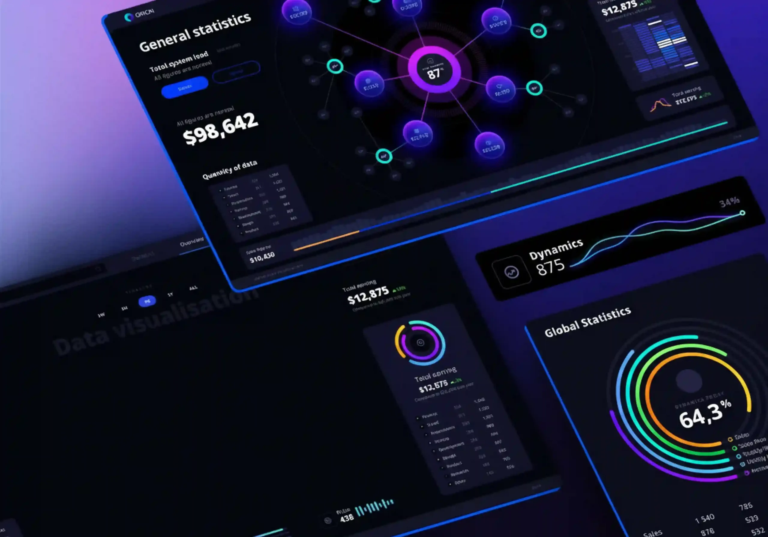 Dark-themed analytics dashboard with interactive charts, graphs, and data visualizations.
