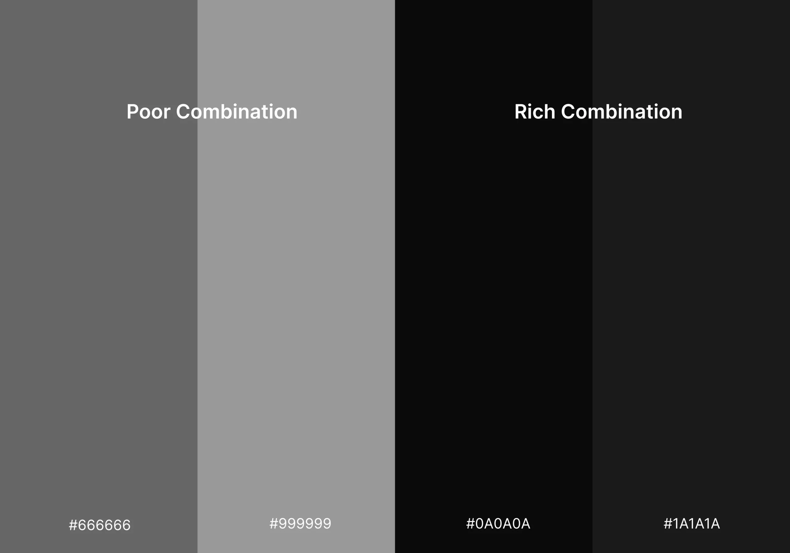 Comparison of grayscale color combinations showing low-contrast versus rich dark mode backgrounds with hex color values.
