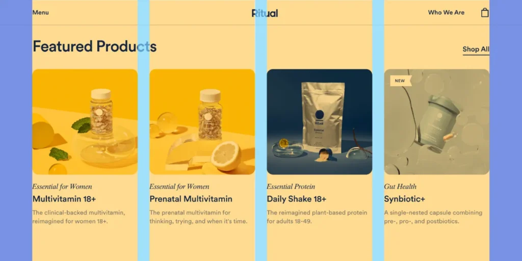 An image of the Ritual website's "Featured Products" section, showing four product cards over a warm beige background with blue grid lines overlaid to demonstrate layout alignment.
