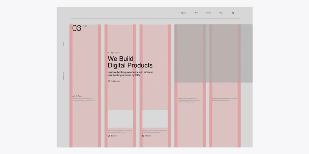Website wireframe displaying a multi-column grid system with highlighted layout guides, showcasing content alignment, spacing, and visual hierarchy in a modern web design structure.