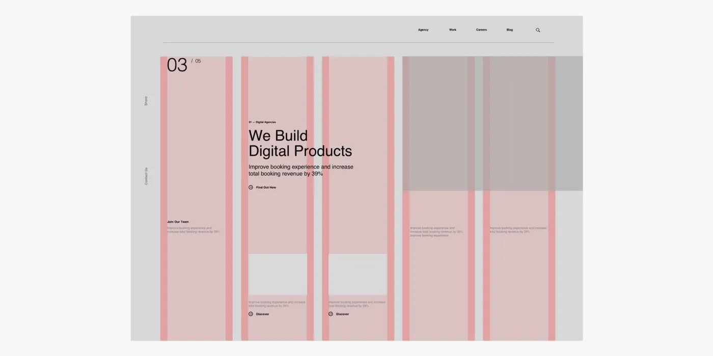 A minimalist website user interface design mockup showing an editorial layout with a prominent pink columns layout grid overlay. It features the headline "We Build Digital Products," clean typography, generous whitespace, and a top navigation menu.
