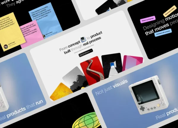 Collage of modern website interface designs arranged in a grid layout, featuring bold typography, colorful cards, product mockups, and creative visual elements that showcase contemporary digital design.