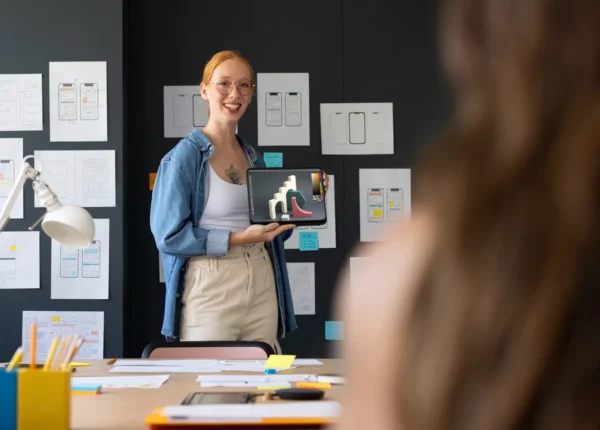 A designer presenting a premium uiux design on a tablet during a team meeting, with mobile wireframe sketches pinned to the wall behind her.