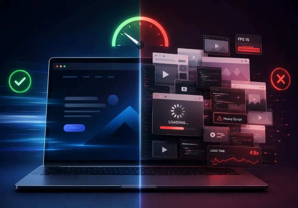Comparison of a fast, optimized website versus a slow, script-heavy website performance.