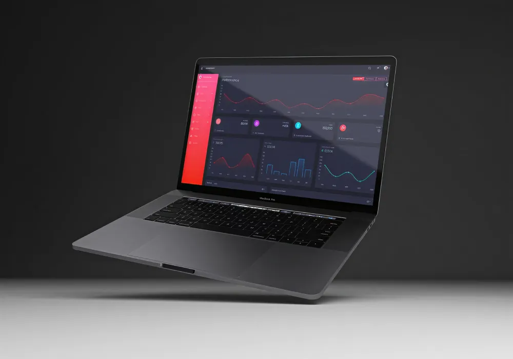A dark gray laptop floating against a dark background, displaying a modern software analytics dashboard with red and blue data graphs.
