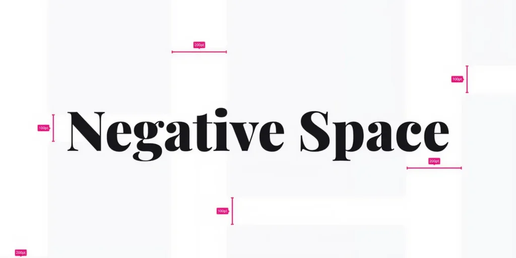 The text "Negative Space" in a bold serif font centered on a white background, demonstrating layout padding. Pink dimension lines mark various margins and spacing boundaries with measurements like "100pt" and "200pt.