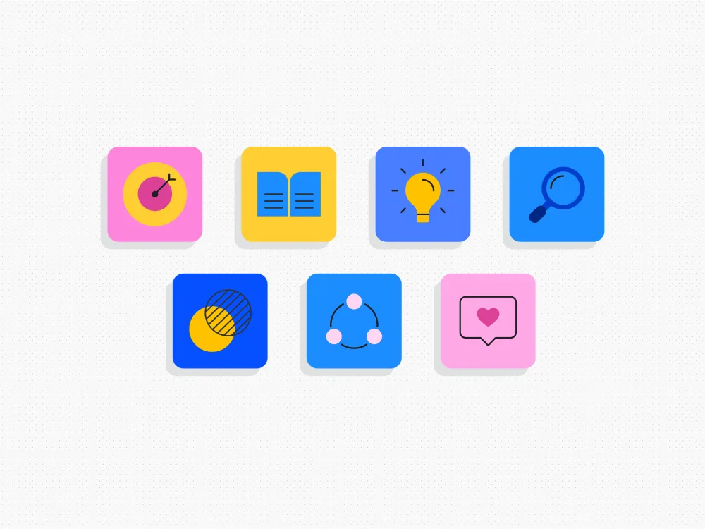 Seven square, rounded icons in pink, yellow, and shades of blue. The icons depict a target, an open book, a lightbulb, a magnifying glass, overlapping circles, a network/share symbol, and a heart speech bubble.