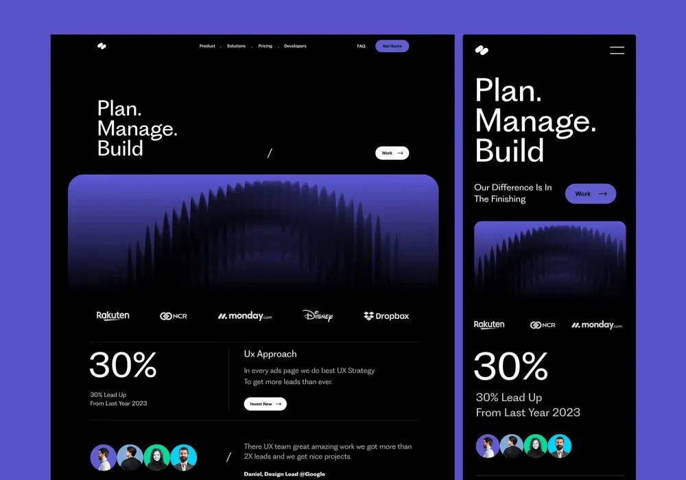 Desktop and mobile website mockups featuring a luxury dark-mode UI with bold typography, purple accents, and modern dashboard elements.