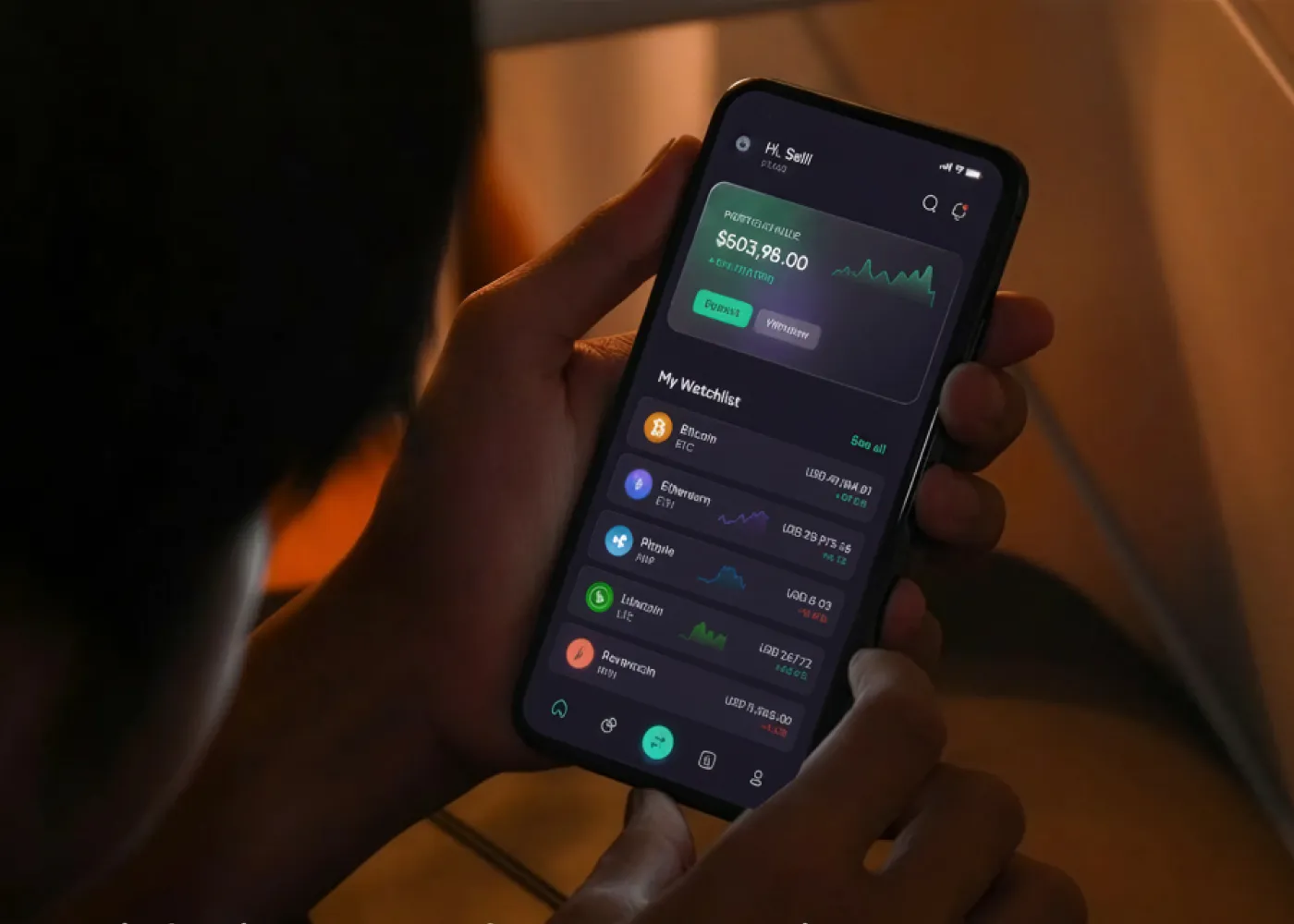 Person holding a smartphone displaying a luxury dark-mode finance and cryptocurrency tracking app with portfolio and watchlist data.