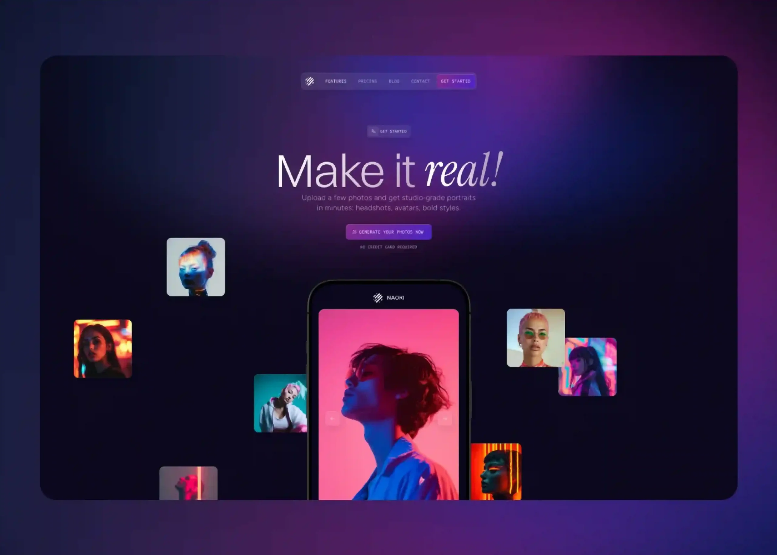 Dark mode landing page with neon gradients, mobile mockup, and floating portrait cards.
