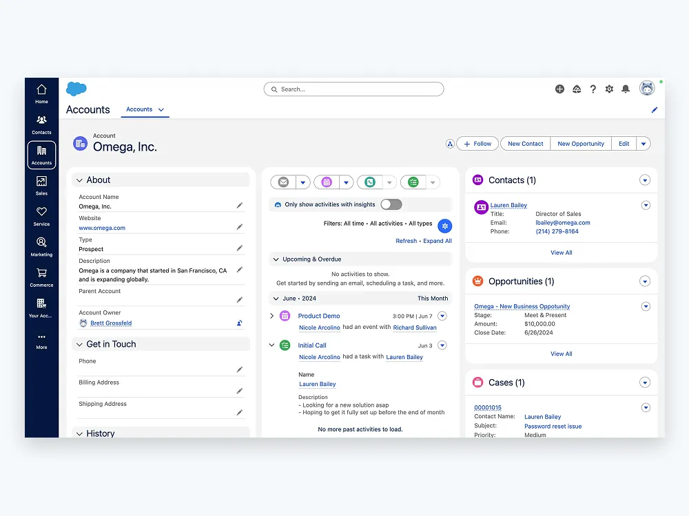 Salesforce user interface showing the "Accounts" tab for "Omega, Inc." The layout includes left-hand navigation, an "About" section with company information, a central activity log showing upcoming and past events, and right-hand panels listing contacts, opportunities, and cases.