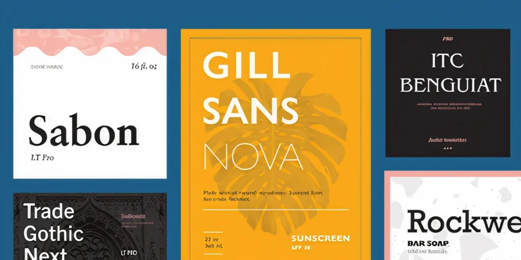 A collection of typography specimen posters featuring serif and sans-serif fonts in various styles, colors, and layouts, showcasing modern and editorial typography design.