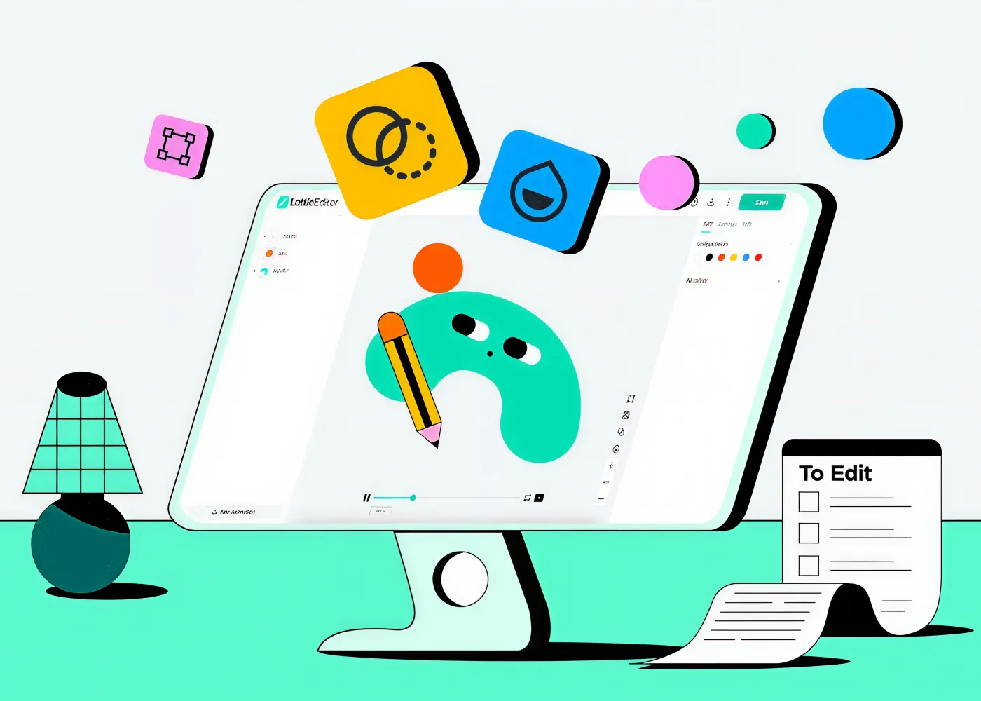 A stylized 2D illustration of a computer monitor displaying a graphic design editor with a green, character-like shape being drawn by a pencil, surrounded by floating tool icons.