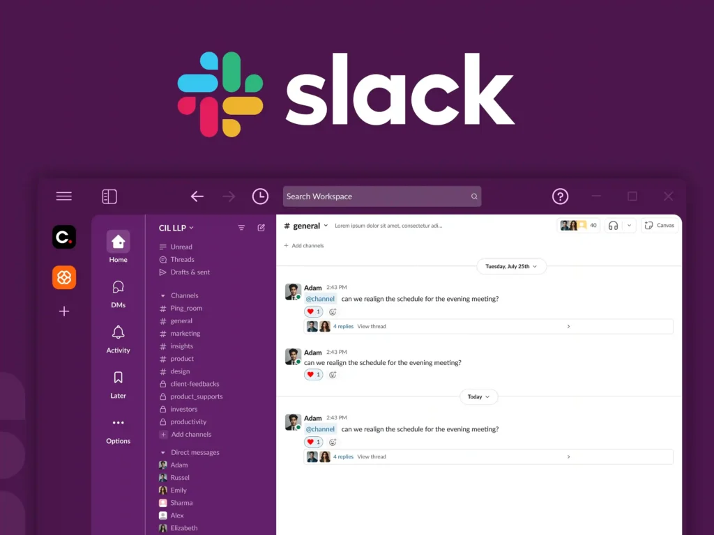 Screenshot of the Slack desktop interface displaying a chat window within a workspace, set against a dark purple background with the Slack logo at the top.