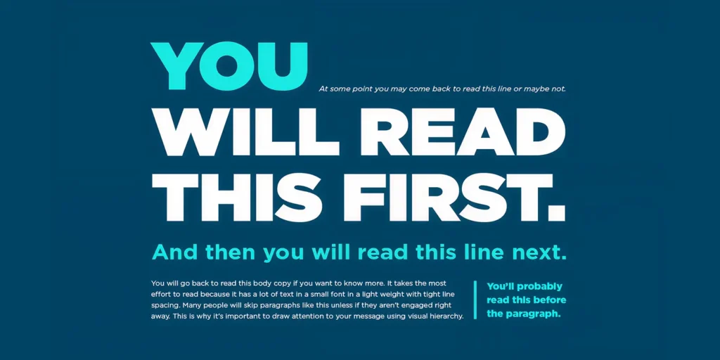 Typography hierarchy example showing large bold headlines, supporting text, and contrasting font sizes to guide reading order.