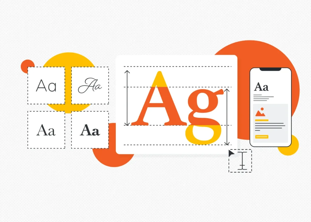 Typography design illustration showing font styles, letter sizing, spacing, and responsive text layout across desktop and mobile screens.
