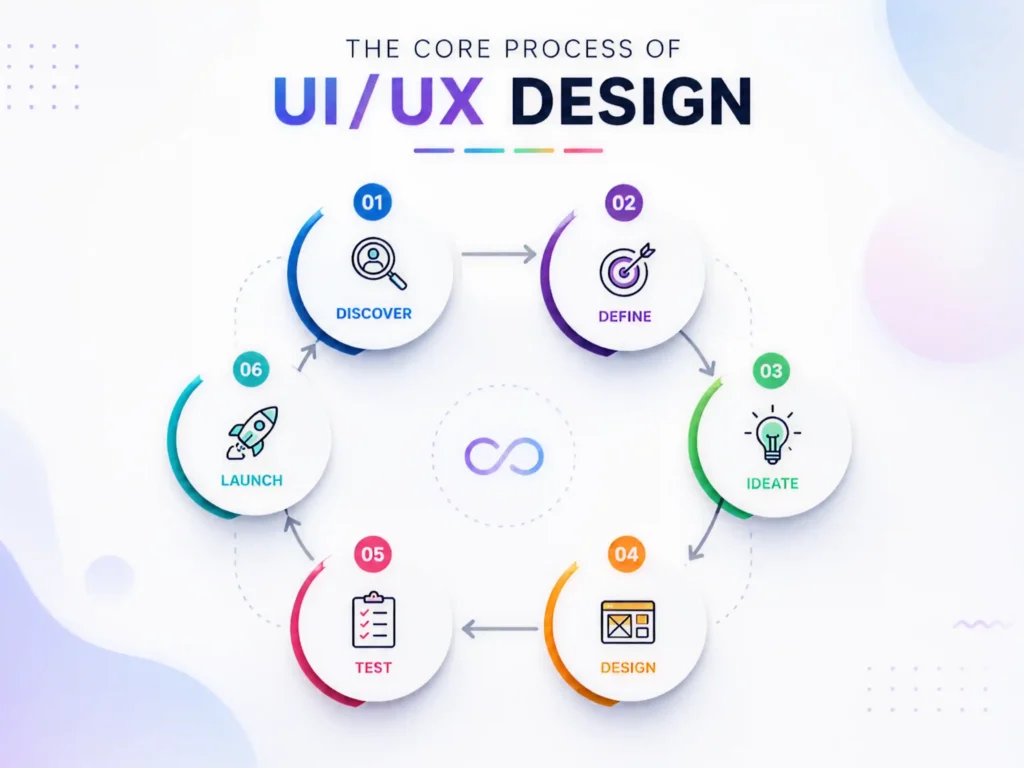 Circular infographic showing the core UI/UX design process with steps: Discover, Define, Ideate, Design, Test, and Launch arranged in a loop.