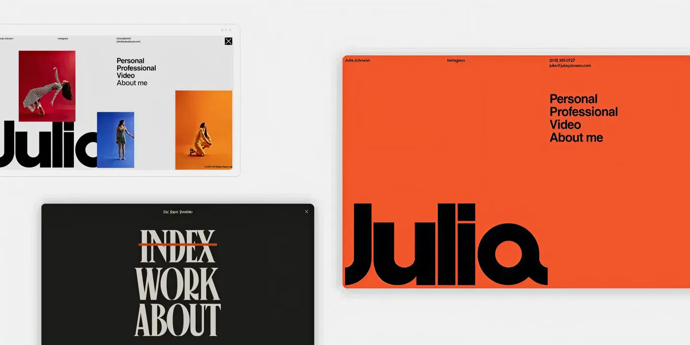 Minimalist portfolio website UI mockups with bold typography and orange gradient design.