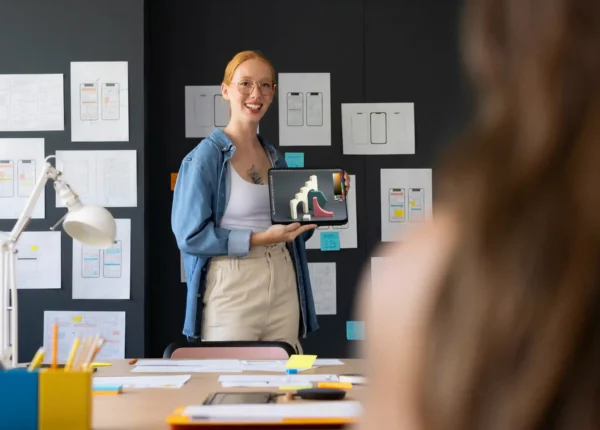 woman presenting digital design on tablet