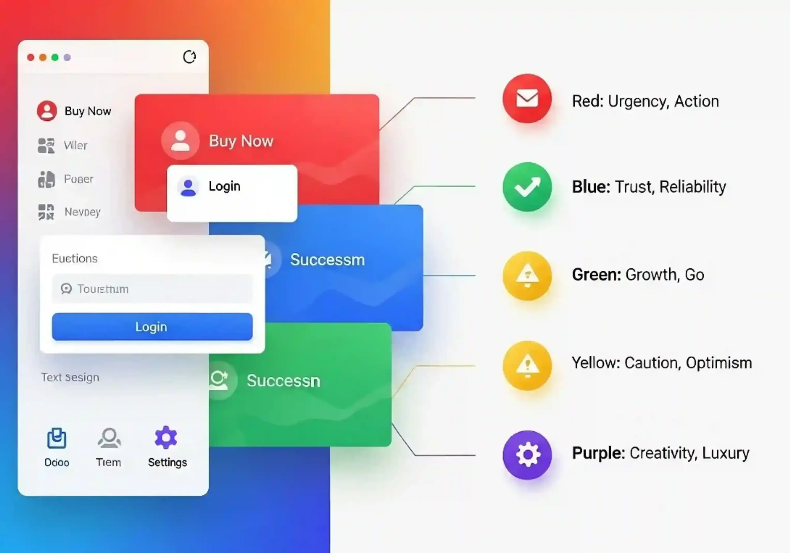Illustration showing UI colour psychology with interface components and the meanings of red, blue, green, yellow, and purple in digital design.