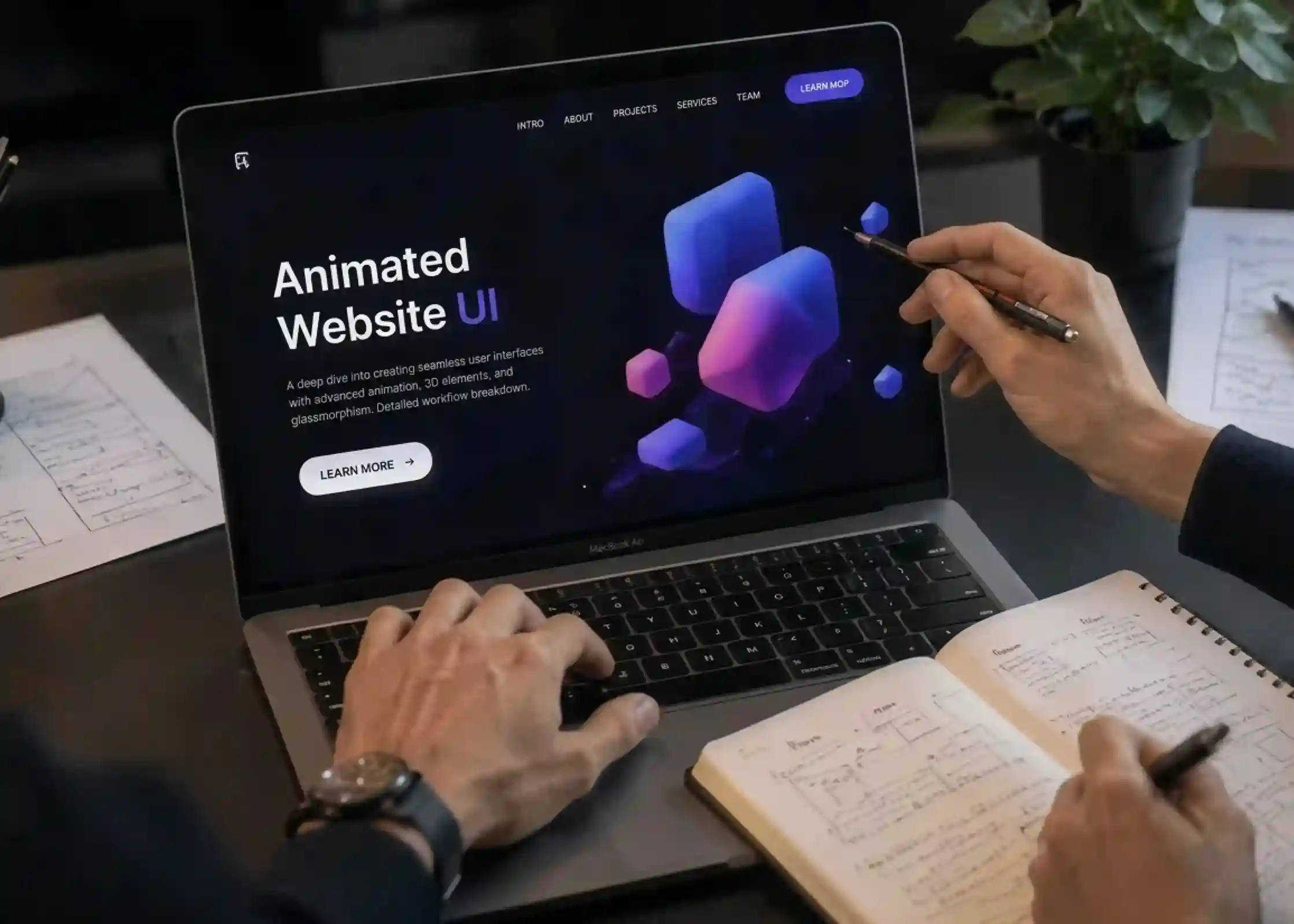 Designers reviewing an animated website UI on a laptop with 3D graphics and open sketchbooks.